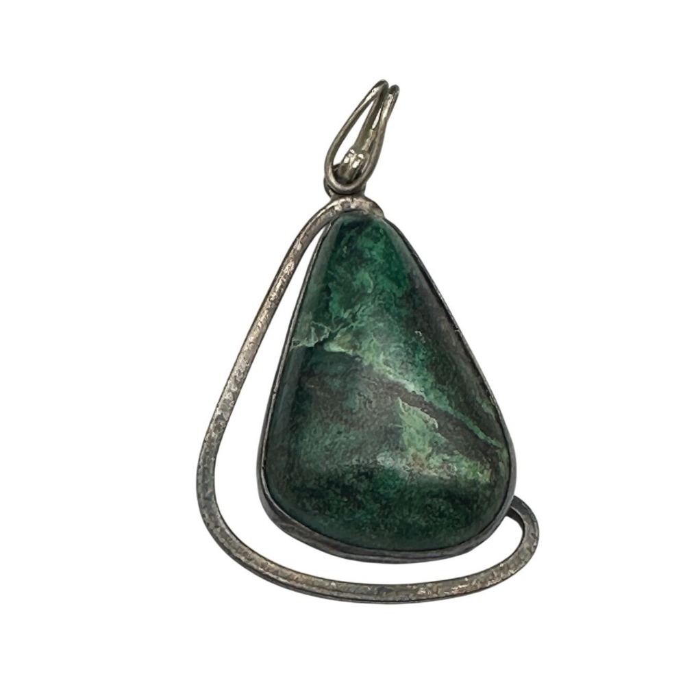 Vintage Sterling Silver Green Malachite Eilat Stone Modernist Artisan Pendant